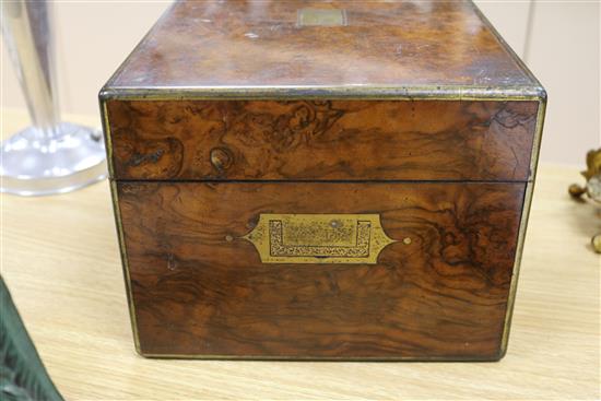 A Victorian Asprey burr walnut toilet box length 30cm